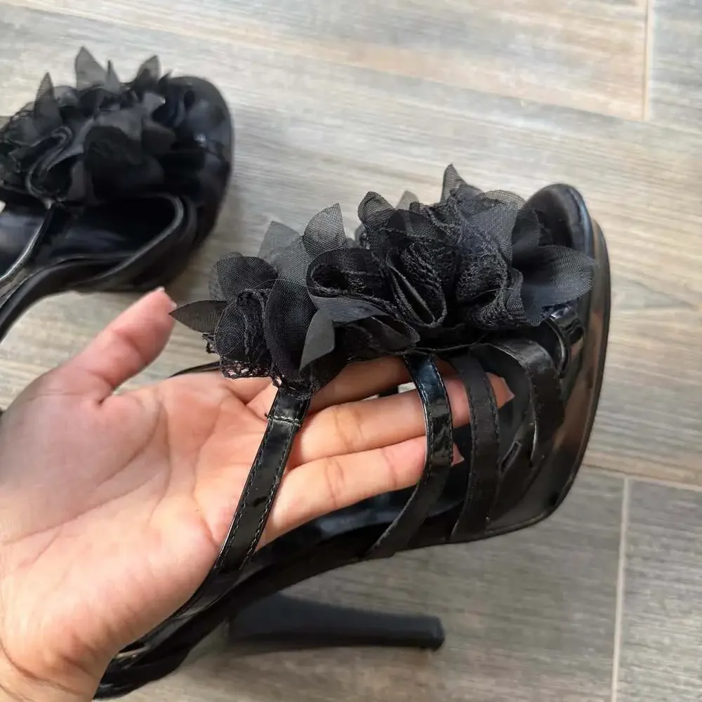 Shi Women's Black Platform open toe Heel Vintage Y2K Ruffle Flower